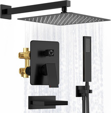 Matte Black Shower System with Rain Head, Tub Spout Handheld Spray