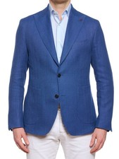 SARTORIA PARTENOPEA "Napoli2" Blue Herringbone Cotton  Linen Unlined Jacket