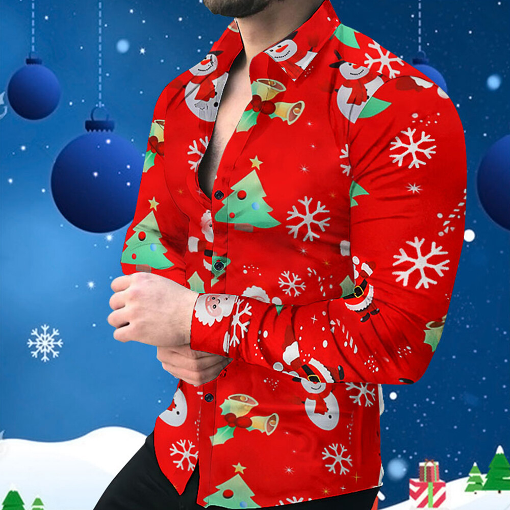 Mens Christmas Shirts Button Dowm Slim Long Sleeve Xmas Party Santa