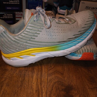 Hoka One One Clifton 5 Gray Blue Yellow Orange Trail Running Shoes