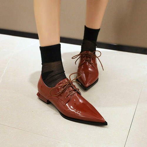 Zapatos de salón Oxford para mujer planos de tacón bajo punta con cordones talla grande de EE. UU. - Imagen 3 de 26