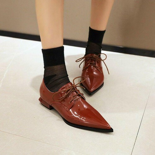 Womens Pointed Toe Court Pumps Oxfords Low Heel Lace Up Shoes Plus Size - Afbeelding 1 van 18