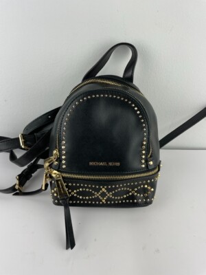 black mini leather backpack gold Michael Kors Rhea Women's Mini Studded Black Leather Convertible Straps  Backpack