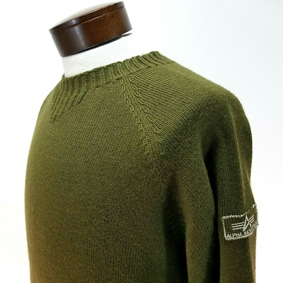 ALPHA INDUSTRIES Wool Blend Army Crew Neck Sweater Green Men's Fits L RARE 