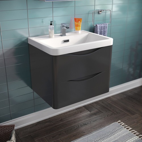 Lyndon 600mm Wall Hung Dark Grey Gloss Bathroom Vanity Unit Resin Basin
