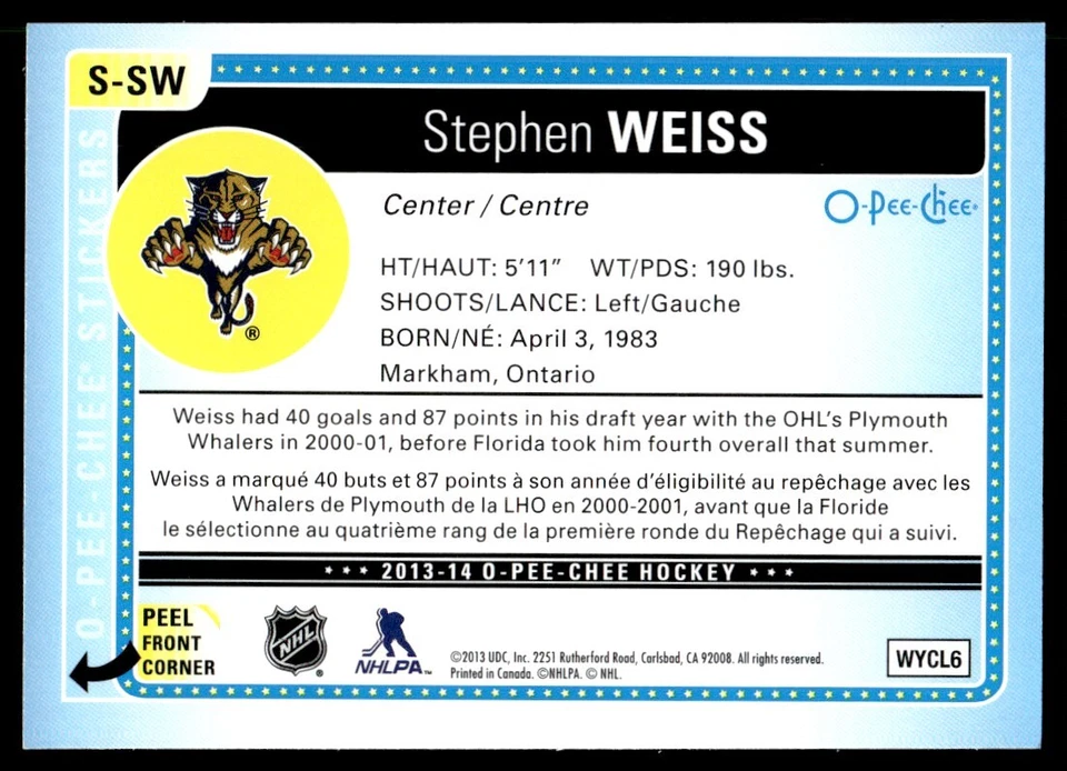 2013-14 O-Pee-Chee Stickers Stephen Weiss Florida Panthers #S-SW R176 - Image 2 of 2
