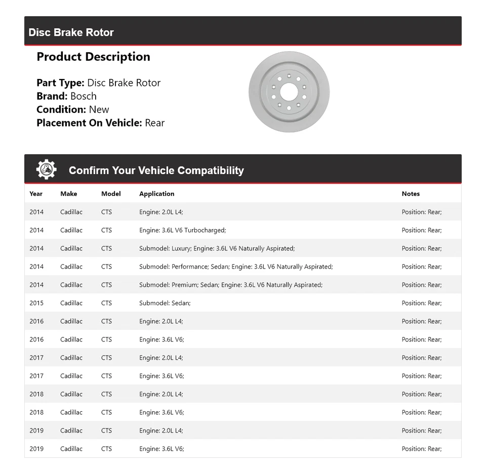 For 2014-2019 Cadillac CTS Bosch QuietCast Disc Brake Rotor Rear 2015 2016 2017 - Изображение 2 из 4