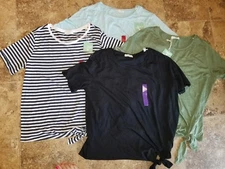 Nwt Womens Green Envy Tie Front Tee Shirt Short Sleeved Green Blue Black Striped