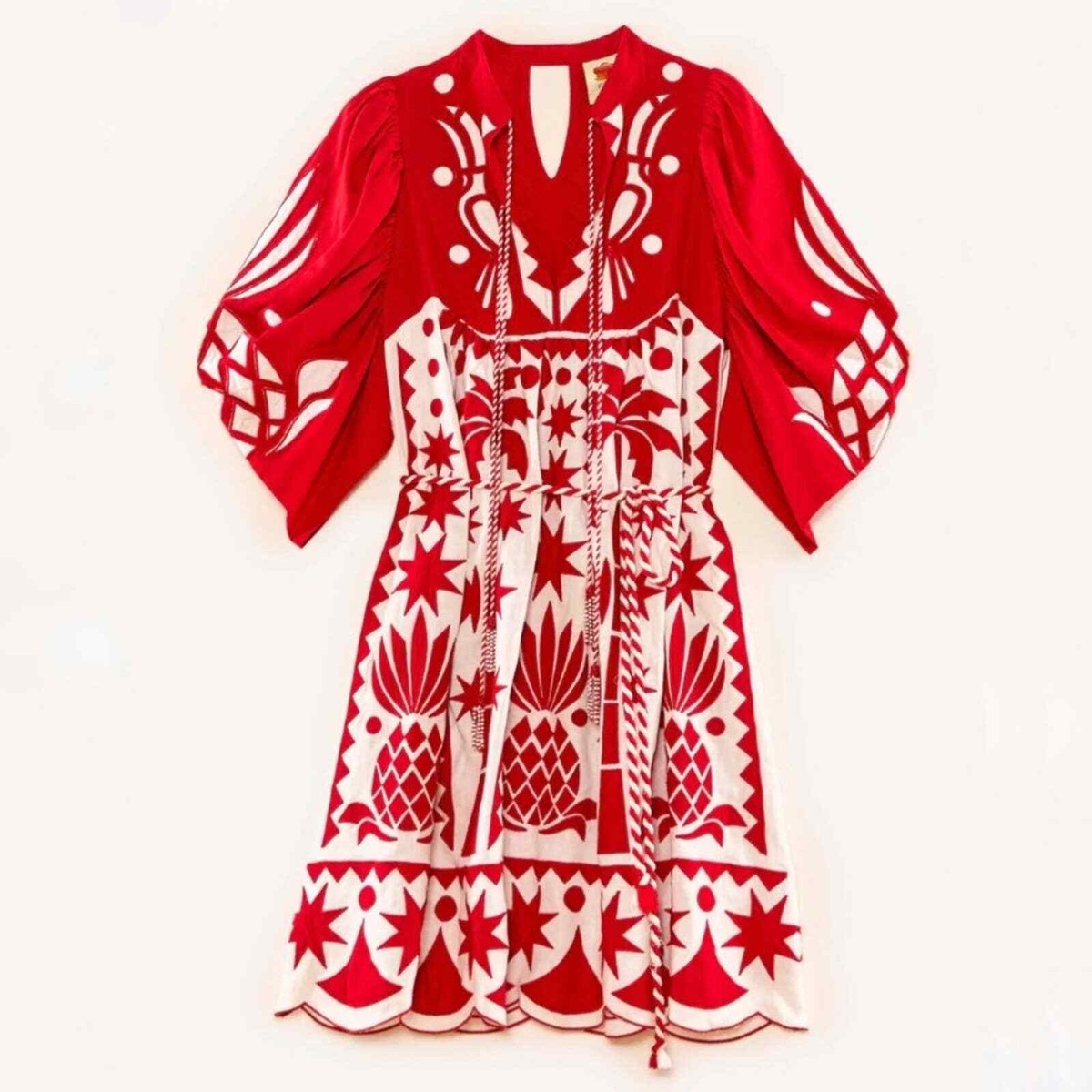 Farm Rio Red Tropical Cutwork Midi Dress, Red Tropical Cutwork / Xs