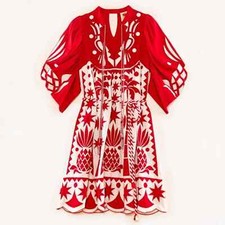 Farm Rio Red Tropical Cutwork Midi Dress