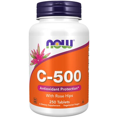 NOW Vitamin C 500mg with Rose Hips 250 Tablets Antioxidant Support Non-GMO Vegan