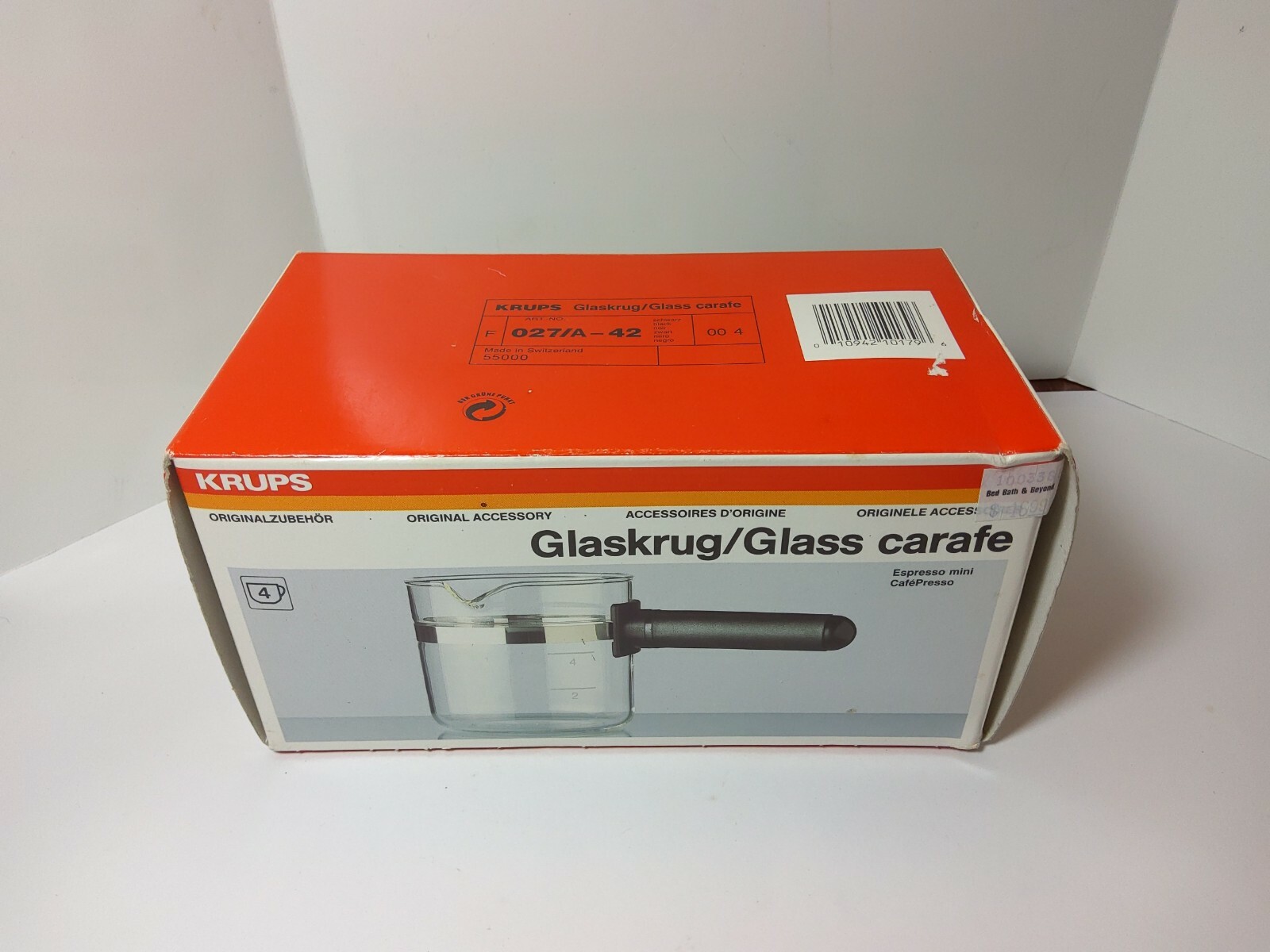 KRUPS GLASS CARAFE 027/A-42 Replacement For Espresso Mini or CafePresso Machines