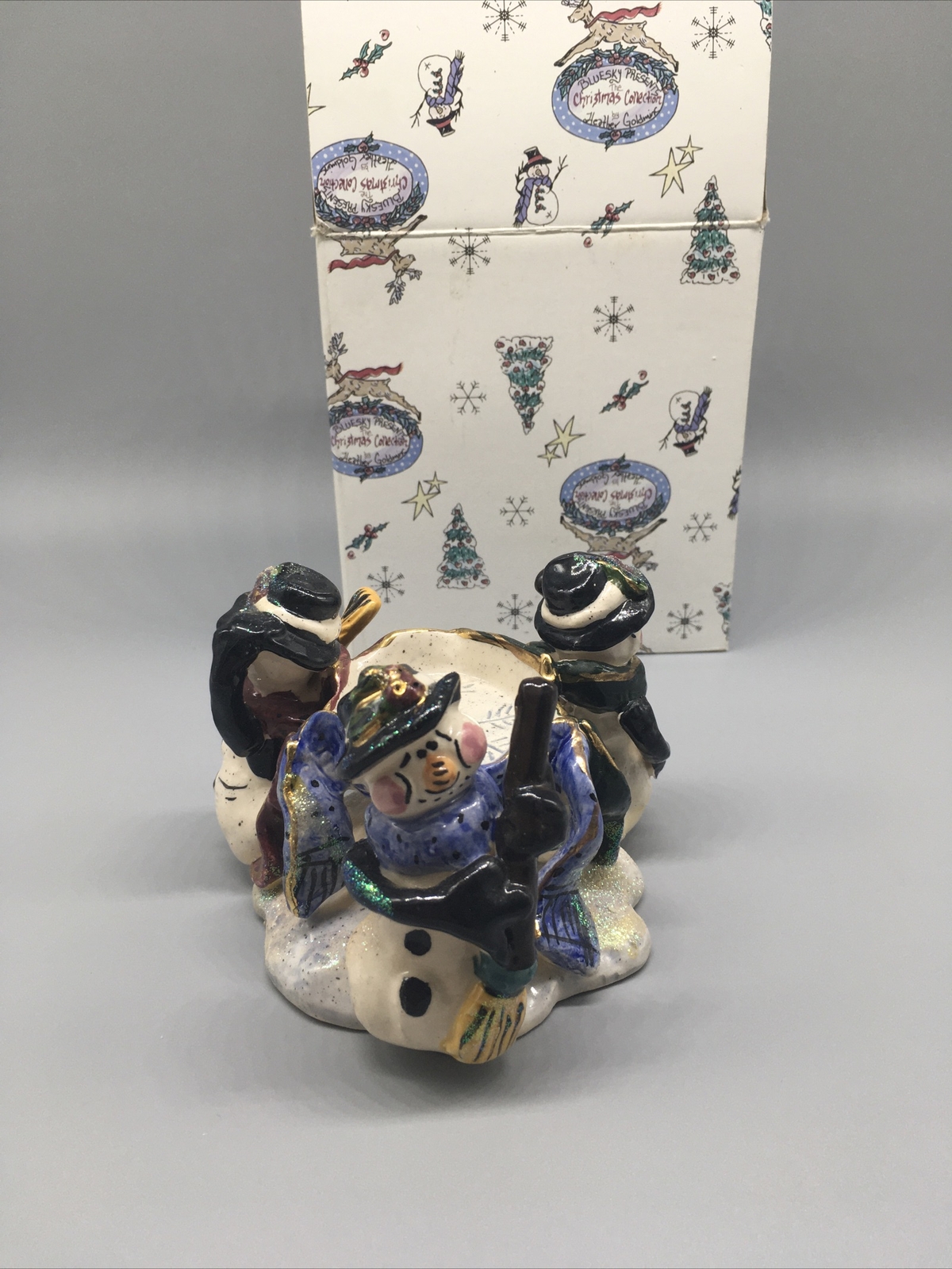 Vintage Heather Goldminc Snowman Trio Tealight Candle Holder Blue Sky Christmas