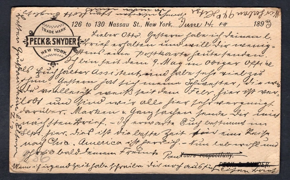 USA New York 1893 Peck & Snyder Sporting Goods Postal Card to Germany. Baseball - Image 3 of 3