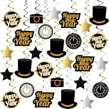 KatchOn, Happy New Year Hanging Swirls - Pack of 30 | Black Gold and Silver 