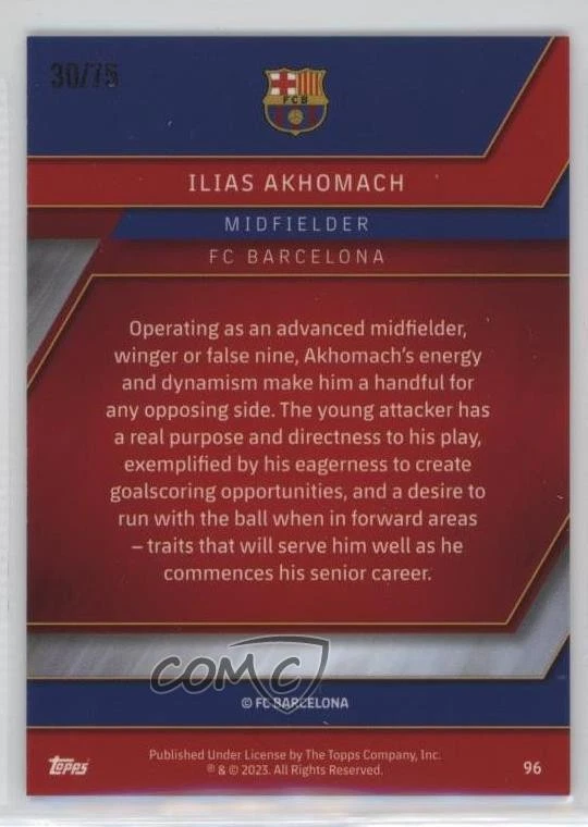 2022-23 Topps Chrome FC Barcelona Blue Refractor /75 Ilias Akhomach #96 - Image 2 of 2