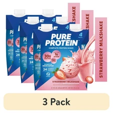 (3 pack) Pure Protein Strawberry Milkshake Complete Protein Shake, 11 fl oz,4 Ct