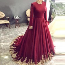 Elegant Long Sleeves Burgundy Muslim Wedding Dresses High Neck Applique Tulle