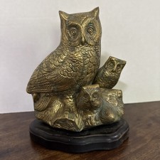 Vintage Brass Owl and Owlets on Wood 7.5T x 6...