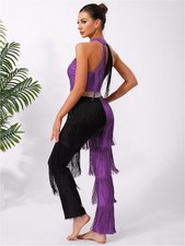 US Women's Contrast Color Long Tassel Pants Retro 70s Disco Dancewear Jumpsuit