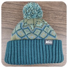 REI Kids S/M Pom Beanie Small Medium Green Knit Argyle Diamond Plaid Youth Co-op