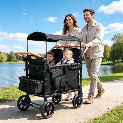 Folding Wagon Stroller for 4 Kids, 330lb 4 Seaters Wagon Stroller with Canopy