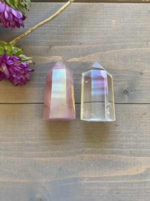Aura Rose Quartz & Aura Clear Quartz Iridescent Towers Bundle
