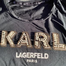 Karl Lagerfeld Paris Shirt Womens Large Black Pearl Embellished Logo Tee Beaded