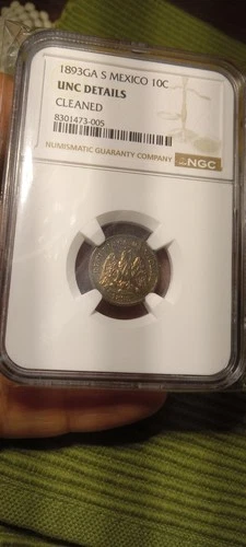 1893 Mexico 10 Centavos Guadalajara Mint Silver Coin NGC Graded Unc Details