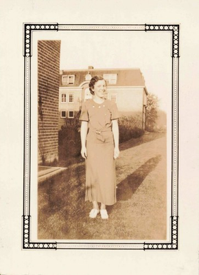 #ad VTG Photo Beautiful Woman Dress Fashion Smiling Happy Brick House $11.99