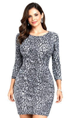 Schwarz Silber Bodycon Kleid 8 Party Schlange Animal Print 3/4 Arm Grau Tief Rücken