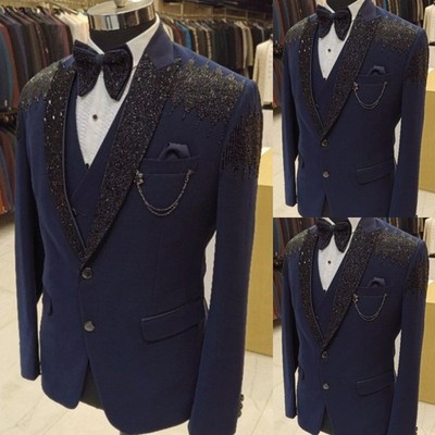 2Pcs Men's Suits Formal Beading Sequin Coat Prom Slim Fit Single Breasted Jacket