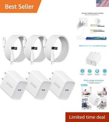 20W Fast Charger 3-Pack with USB-C Cables for iPhone 15/16/17 - Safe & Reliable