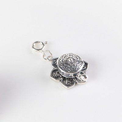 Spinning Prayer Wheel Charm, S925 Silver, Tibetan Om Mani Padme Hum Amulet