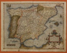 SPAIN PORTUGAL GIBRALTAR 1573 ORTELIUS UNUSUAL ANTIQUE COPPER ENGRAVED MAP