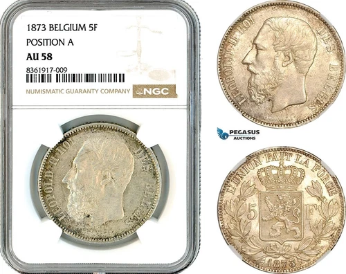 AK619, Belgium, Leopold II, 5 Francs 1873, Brussels Mint, Silver, NGC AU58