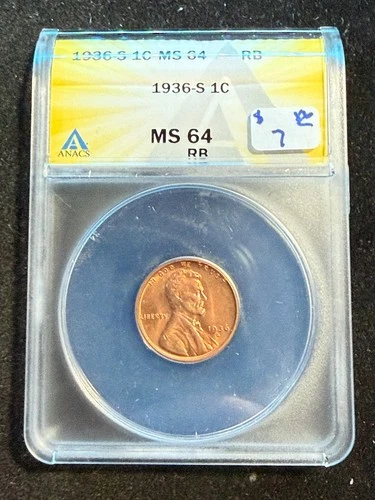 1936 S LINCOLN WHEAT CENT ANACS MS 64 RB 183