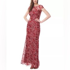JS Collections Emarie Embroidered Floral Lace Mermaid Gown in Scarlet Red Size 4