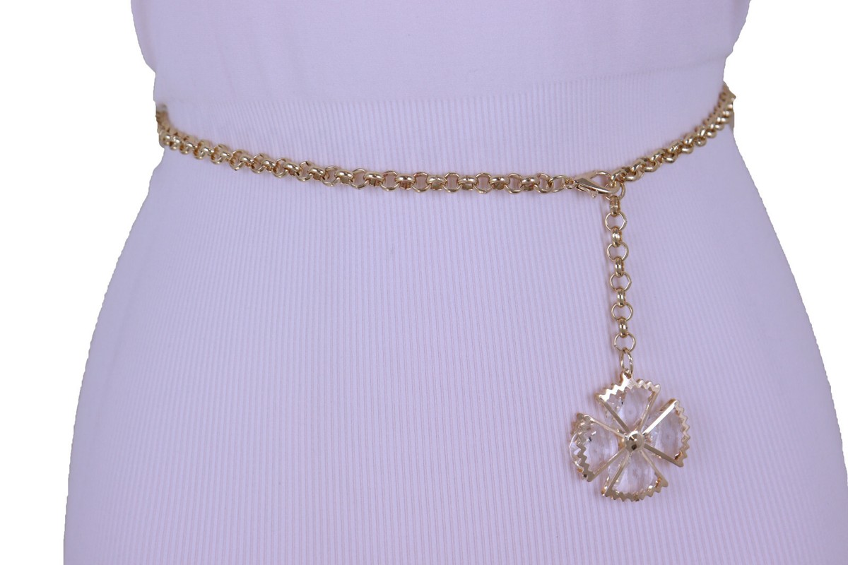 Women Gold Metal Chain Link Band Belt Hip Waist Flower Charm 