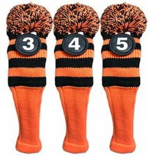 Tour #3, 4, 5 Hybrid Black & Orange Golf Headcover Knit Pom Pom Classic Cover