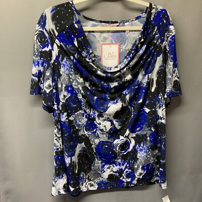 Julipa Womens 22 Blouse Blue Black Metallic Sequins Short Sleeve Draped Neckline