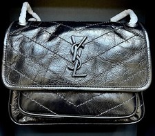 Saint Laurent Niki Medium Chain Flapper Bag In Vintage Leather. Black New