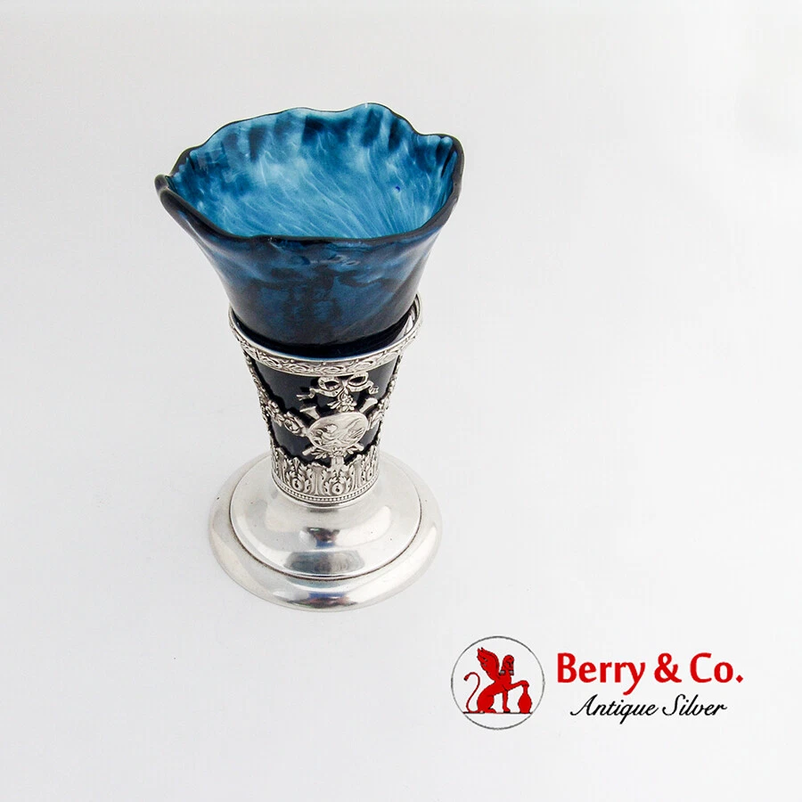 Openwork Floral Cupid Vase Blue Art Glass Insert Watson Co Sterling Silver  1910 | eBay