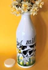 EGIZIA (Italy) Milk Bottle Dairy Cow Tall White Milk Glass & Lid Vintage 70s