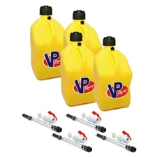 VP Racing 4 Pack Yellow 5 Gallon Square Fuel Jug Gas 4 Hoses with Valve Shutoff