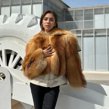 New Women Short Whole Skin Real Fox Fur Coat Big Collar Real Sheepskin Jackets