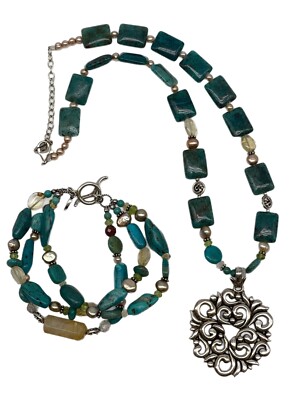 Barse Sterling Silver 925 Turquoise Quartz Pearl Necklace Bracelet Set 97g  Mark