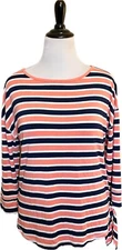 Talbots Top Sz Large Coral Pink Navy Blue Striped Drop Shoulder Side Tie UPF 50