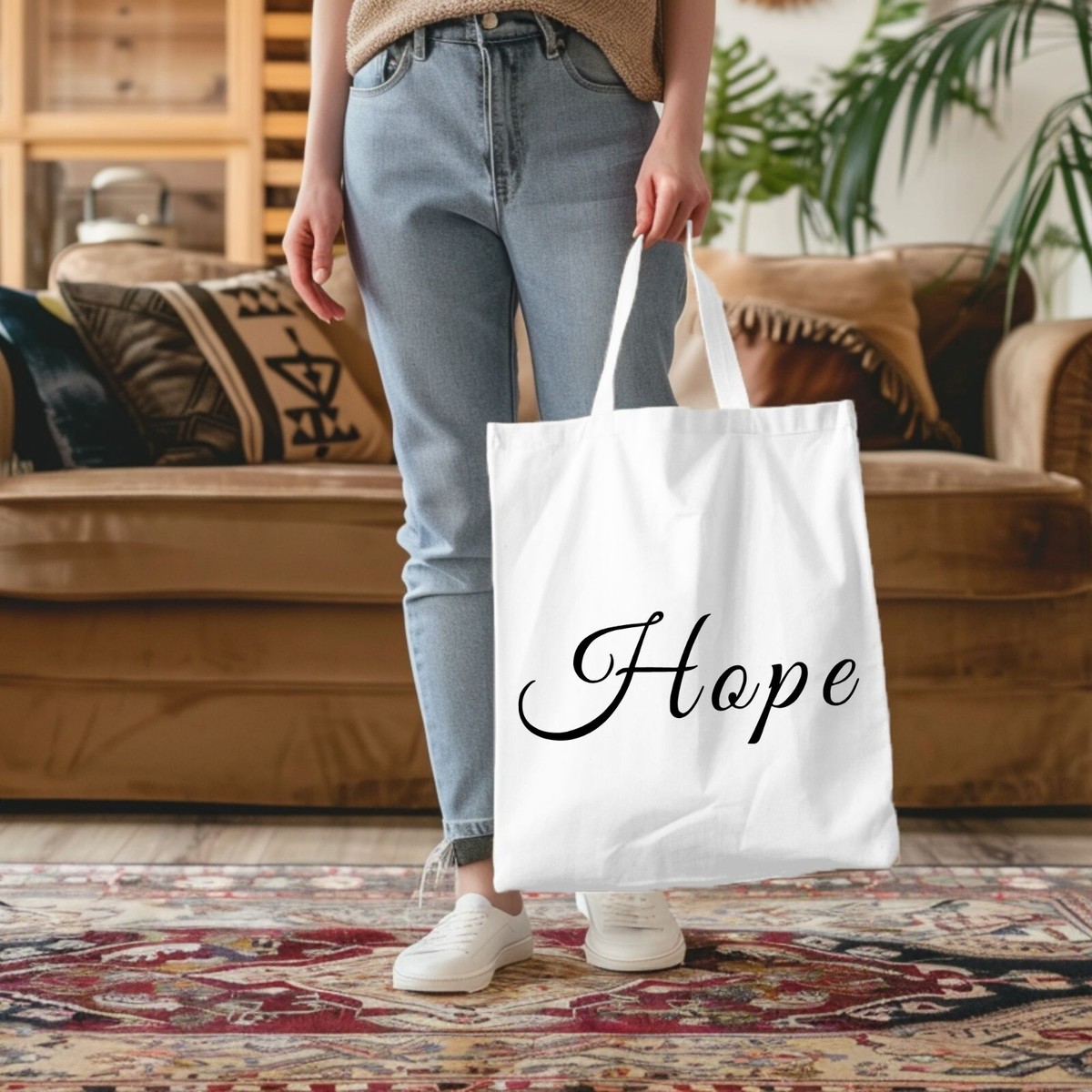 HOPE Inspirational White Tote Bag (AOP) Black Lining Print On Both