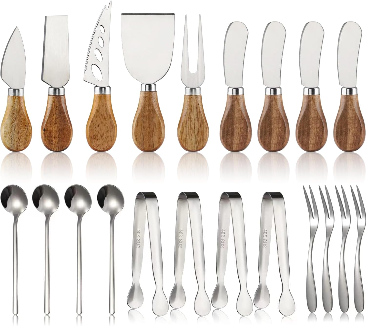 21-Piece Cheese Knife Set with Wooden Handle, Spreaders, Tongs, Spoons & Forks-image
